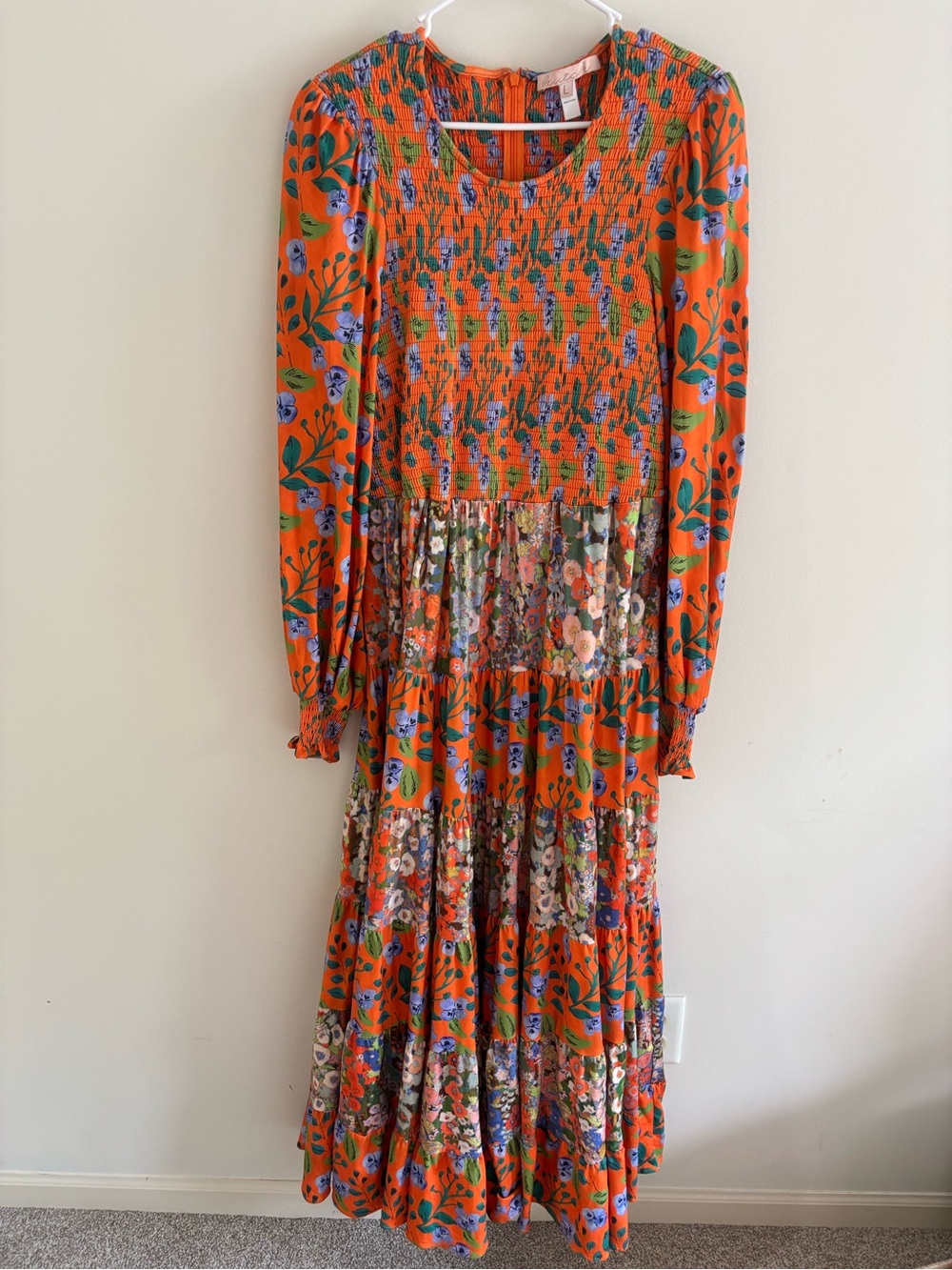 Hutch Orange Floral Long Sleeve Smocked Tiered Maxi Size Large Boho Dress